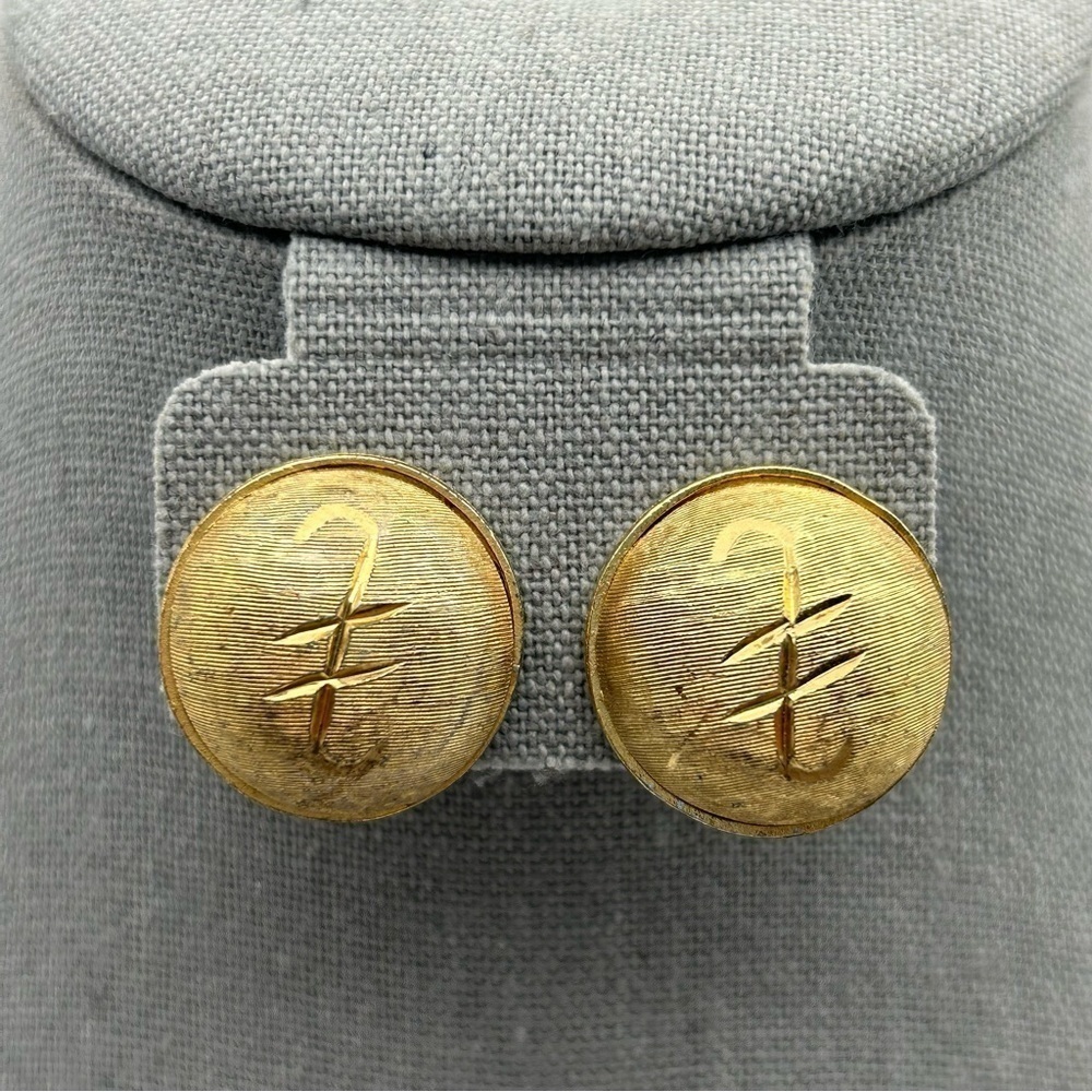 Vintage BSK Matte Textured Gold Tone Dome Clip On Earrings Chinese Symbol
